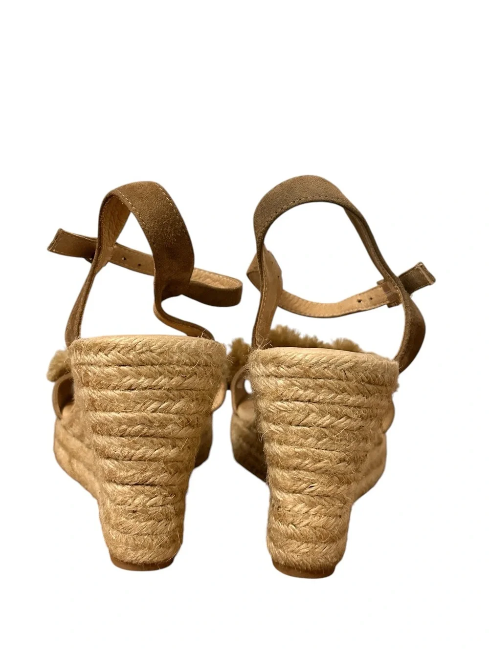 Saks Fifth Avenue Women’s Tan Suede Pom Pom Espadrille Wedges Resort Size 9